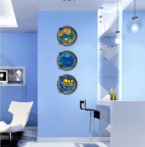 Lot de 3 stickers muraux 3D hublots sous-marins avec requin poissons et tortue de mer