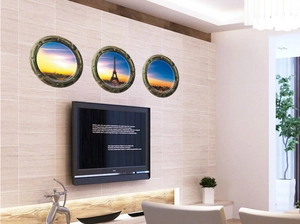 Lot de 3 stickers muraux 3D ronds en PVC motif Tour Eiffel au lever du soleil cadre bronze