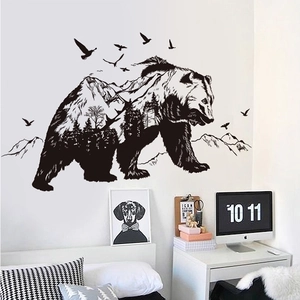 Mountain Bear Forest Wall Sticker Removable PVC Double Exposure Silhouette Decal For Living Room Bedroom Nature Art Decor
