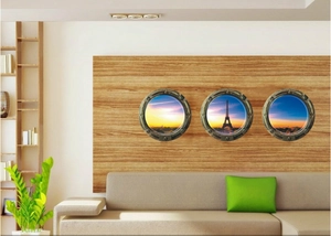 Lot de 3 stickers muraux 3D hublot Tour Eiffel avec vue sur le coucher de soleil Paris