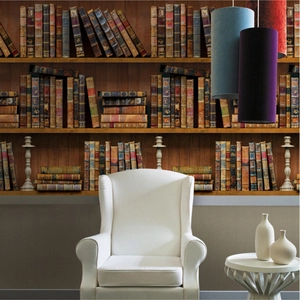 Vintage bookshelf wallpaper mural for living room with classic library book spine pattern