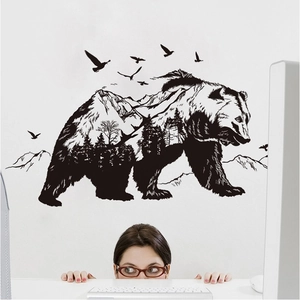 Mountain forest bear wall decal with double exposure nature design and flying birds