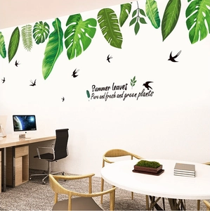 Tropical green leaves and birds wall decal for living room minimalist home decor