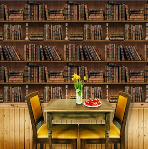Vintage 3D bookshelf wallpaper with classic library books pattern for living room decor