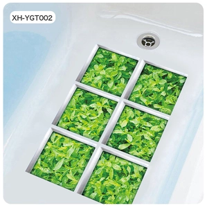 Self-adhesive anti-slip 3D bathtub stickers with 6 square green leaf patterns on white