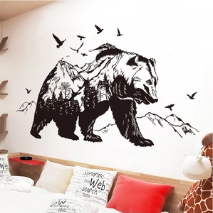 Mountain black bear forest wall decal with double exposure silhouette for bedroom decoration