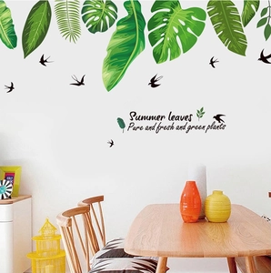 Tropical monstera and palm leaves wall stickers with birds and Summer leaves quote
