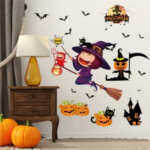 Stickers muraux Halloween avec sorcière, citrouille et château pour déco de fête effrayante