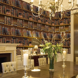 Vintage library bookshelf wallpaper mural for elegant study or living room decor
