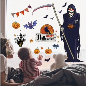Halloween window stickers set with Grim Reaper and pumpkin displayed on a home window