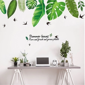 Tropical green leaves and flying birds wall stickers for living room and office decor