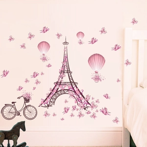 Pink Eiffel Tower and hot air balloon wall decals with butterflies for bedroom decor
