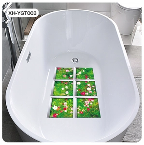 Detail of 3D waterproof floral bathtub stickers with green grass and pink flower patterns