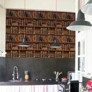 Retro bookshelf wallpaper sticker showing vintage books for living room wall decor