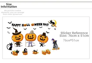 Detailed sheet of Halloween pumpkin wall stickers with black cat and bats for window decor