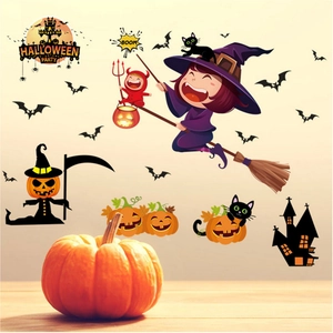 Stickers muraux Halloween avec sorcière, citrouille et chauves-souris pour décoration