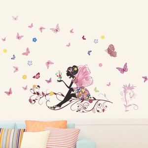 Dreamy flower fairy and colorful butterflies wall sticker for bedroom living room decor