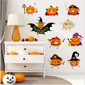 Halloween pumpkin wall stickers set with cartoon pirate and wizard designs for festive decor
