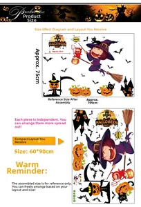 Tableau des tailles du sticker mural d'Halloween montrant les dimensions du montage