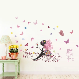 Floral fairy wall stickers with colorful butterflies for bedroom and nursery decor