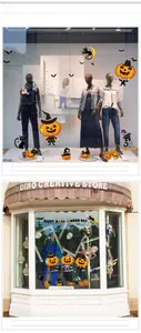 Halloween pumpkin and black cat window decals with Happy Halloween lettering and bats