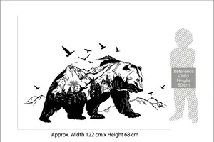 Artistic black bear forest wall decal silhouette with mountains and birds, 122x68cm size