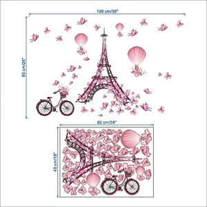 Pink Eiffel Tower and butterflies wall stickers set with size dimensions for home decor