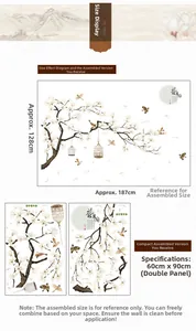 Size chart for floral wall stickers showing dimensions of 128x187cm and PVC sheet layout