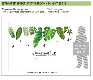 Tropical green leaves and birds removable wall stickers for home decor, 160x80 cm size
