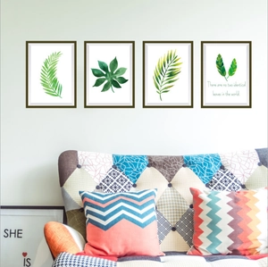 Set of 4 Nordic style tropical green leaf wall art prints in dark coffee brown frames