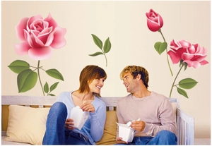Romantic pink rose wall decals for bedroom decor with green leaves and blooming flowers