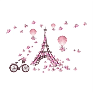 Paris Eiffel Tower wall stickers with pink butterflies, balloons and bicycle for bedroom deco