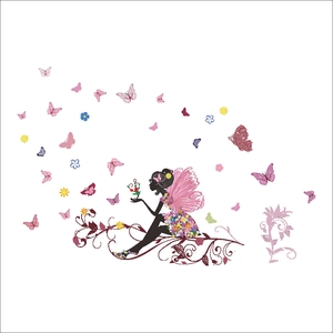 Romantic flower fairy wall decal with pink butterflies and floral vines for home decor