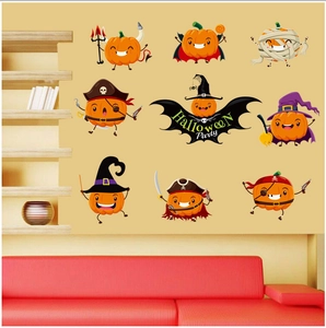 Halloween pumpkin wall sticker set with pirate and witch cartoon designs for home decoration