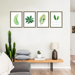 Nordic style green botanical wall art set with four framed leaf prints for home decoration