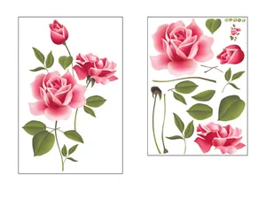 Romantic pink rose PVC wall sticker set for bedroom decoration showing layout and dimensions