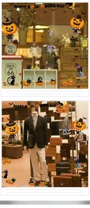 Close-up of Halloween window decals featuring cartoon pumpkins, black cats and bats stickers