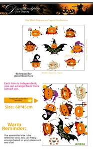Halloween pumpkin wall stickers size guide showing layout dimensions and pirate wizard motifs