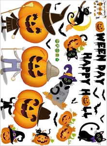 Halloween wall stickers with pumpkins, wizard hats, black cats and bats for home decoration