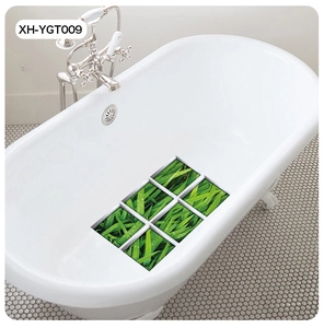 Macro detail of 3D self-adhesive green grass bathtub stickers with realistic dewdrops