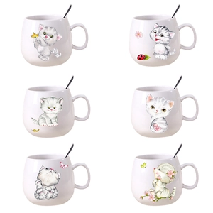Cartoon cat ceramic mugs set of 6 with matching metal spoons and floral feline patterns