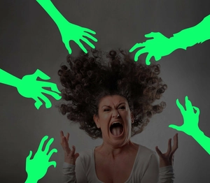 Luminous Halloween wall sticker featuring fluorescent monster hands and a screaming woman