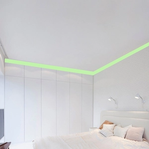 Luminous glow-in-the-dark tape installed on modern bedroom ceiling for night safety decoration