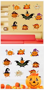 Detailed Halloween pumpkin wall stickers set with pirate and wizard cartoon characters