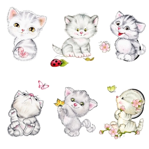 Detail view of six cute hand-drawn cat stickers for children's room wall decor