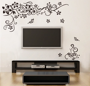 Adesivo murale moderno fiori neri e farfalle per decorazione parete TV soggiorno