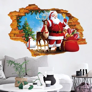 3D Broken Wall Christmas Santa Claus Reindeer Wall Sticker Waterproof PVC Home Decor Decal For Living Room Bedroom Party
