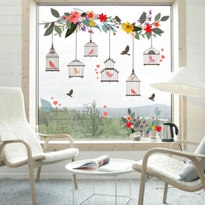 Floral birdcage wall stickers with colorful birds and flowers for home wall decor
