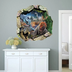 3D dinosaur wall sticker with T-Rex breaking through wall for kids bedroom decor