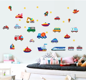 Adesivi Murali Trasporti Cartoni Animati Per Cameretta Bambini Decorazione PVC Impermeabile Rimovibile Auto Aereo Decalcomanie